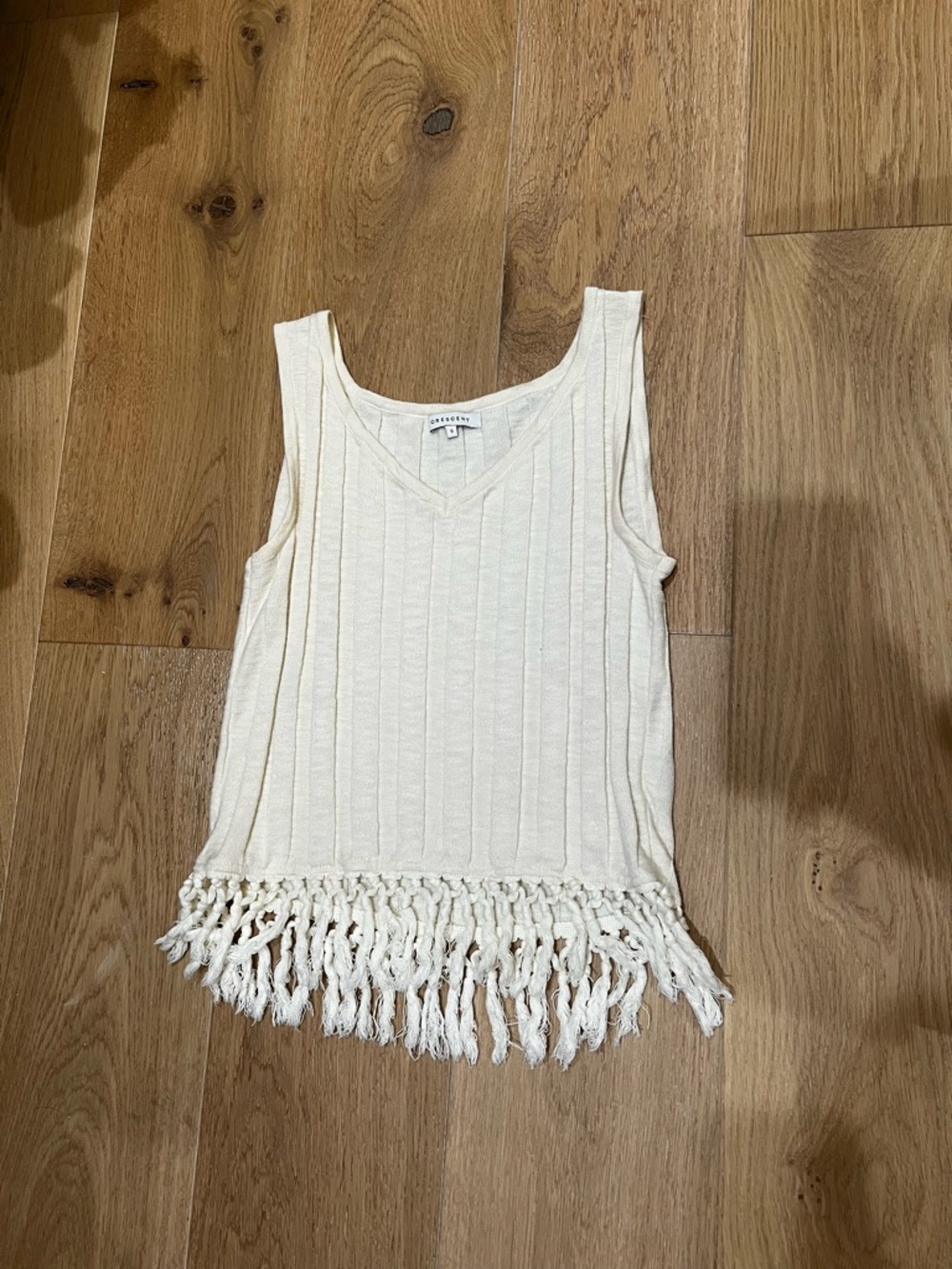 Crescent Cream Ribbed V-Neck Tank with Fringe Hem